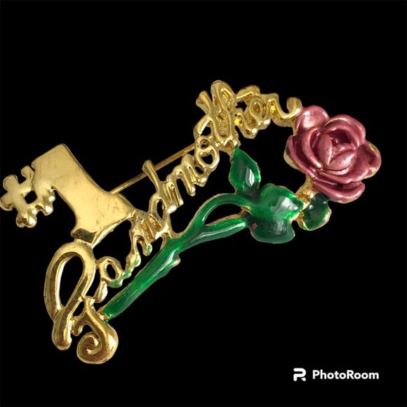 Vintage #1 Grandmother Brooch Pin Gold Plated Pink Rose Grandma Mothers Day Gift - Picture 3 of 9